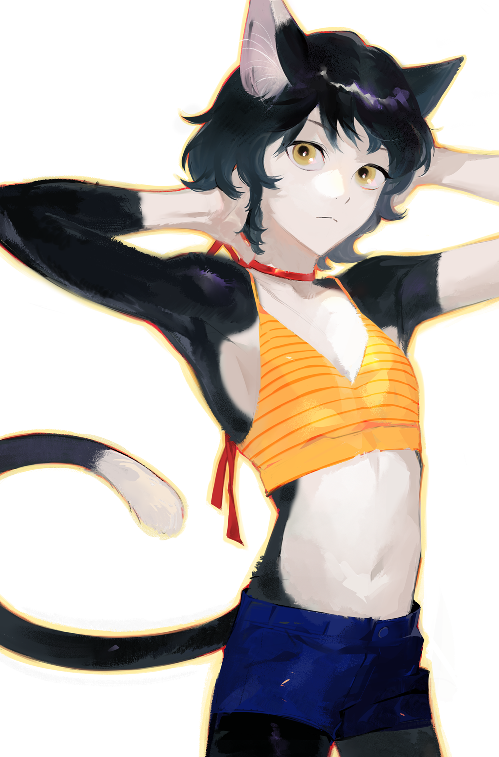1girl alternate_costume animal_ears armpits arms_behind_back arms_up bangs bare_shoulders black_hair blue_shorts body_fur camisole cat_ears cat_girl cat_tail choker cowboy_shot dungeon_meshi flat_chest frown hands_in_hair highres izutsumi looking_at_viewer multicolored_fur navel red_ribbon ribbon ribbon_choker short_hair shorts simple_background sleeveless spaghetti_strap tail toned wawawa0080 white_background yellow_eyes