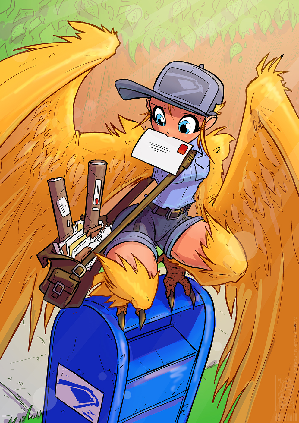 1girl baseball_cap belt bird_legs blonde_hair blue_eyes commentary english_commentary harpy hat highres jolly_jack letter mailbag monster_girl mouth_hold original outdoors postbox_(outgoing_mail) short_hair solo squatting talons uniform united_states_postal_service winged_arms yellow_feathers yellow_wings