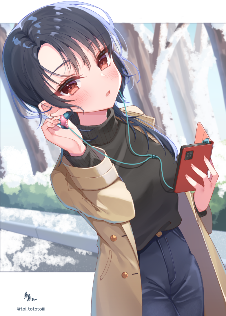 1girl bangs black_hair black_pants black_sweater blush brown_jacket cellphone commentary_request ear_piercing earphones earphones eyebrows_visible_through_hair hair_between_eyes holding holding_earphones holding_phone itoi_toi jacket long_hair looking_at_viewer open_clothes open_jacket original pants parted_bangs parted_lips phone piercing red_eyes signature snow solo sweater tree turtleneck turtleneck_sweater twitter_username