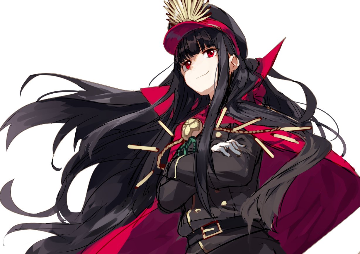 black_hair cape crossed_arms fate/grand_order fate/type_redline fate_(series) gloves hat koha-ace long_hair military_hat military_jacket oda_nobunaga_(fate) red_cape red_eyes usalxlusa
