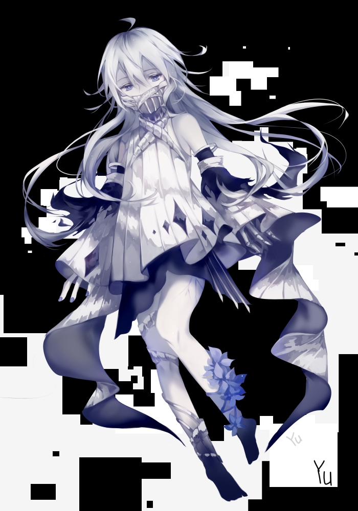 1girl ahoge bare_shoulders barefoot blue_eyes blue_flower blue_nails blue_skin bright_pupils colored_skin detached_sleeves dress fingernails flower glitch hair_between_eyes long_hair mask mouth_mask original qing_yu signature skeletal_hand sleeves_past_wrists solo torn torn_clothes veins white_dress white_hair white_pupils white_skin white_theme