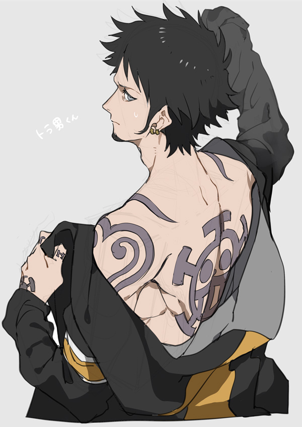 1boy black_hair chibisuke coat_partially_removed facial_hair from_above grey_eyes long_sleeves looking_back male_focus one_piece partially_undressed simple_background solo tattoo trafalgar_law
