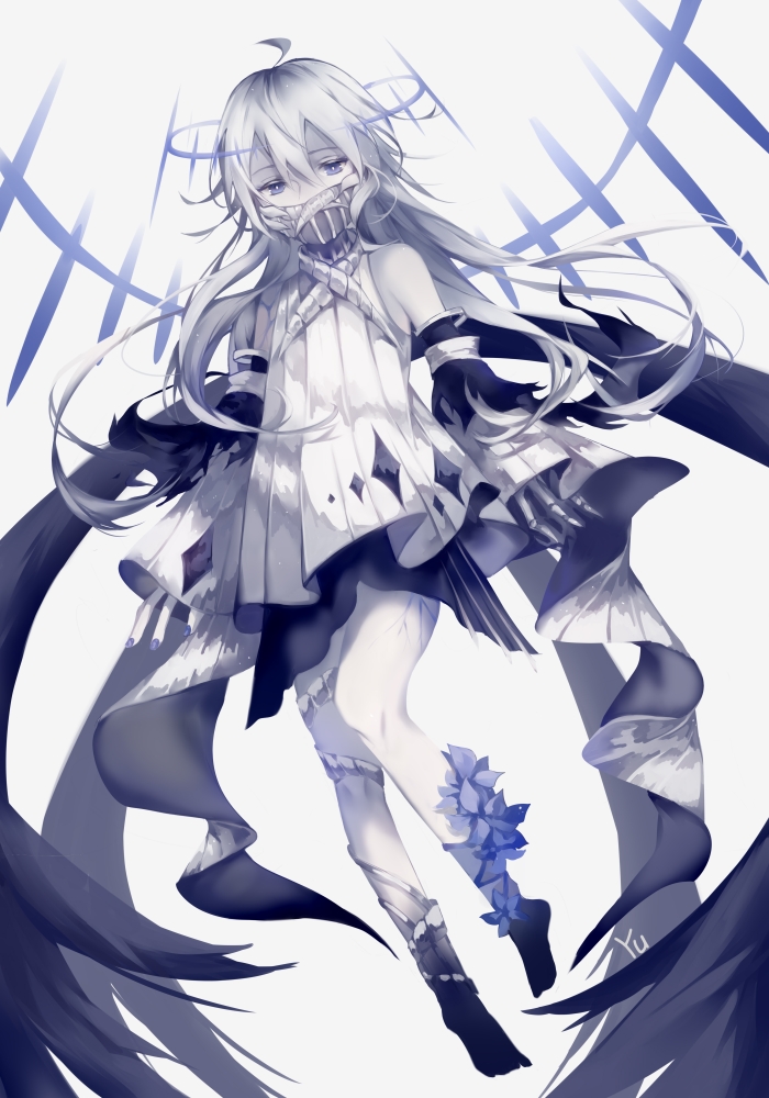 1girl ahoge bare_shoulders barefoot blue_eyes blue_flower blue_nails blue_skin bright_pupils colored_skin detached_sleeves dress fingernails flower hair_between_eyes halo long_hair mask mouth_mask original qing_yu signature skeletal_hand sleeves_past_wrists solo torn torn_clothes veins white_dress white_hair white_pupils white_skin white_theme