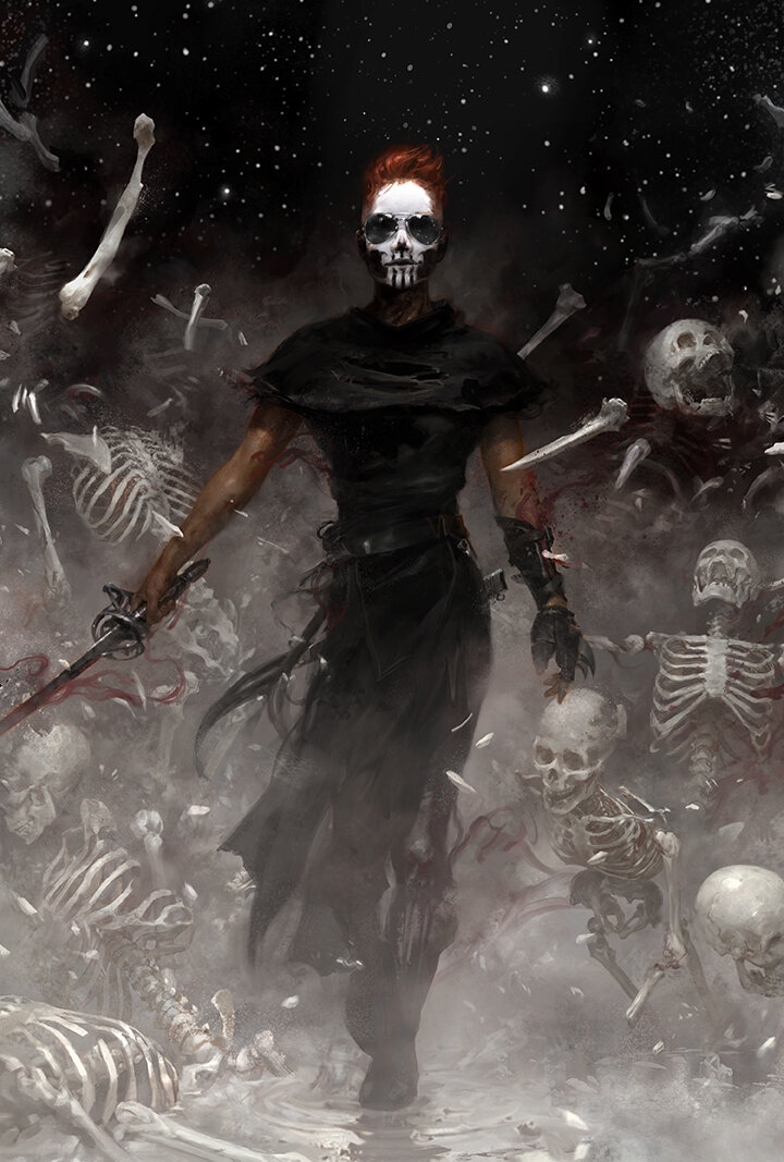 1girl aviator_sunglasses black_clothes bone cover cover_page facepaint full_body gideon_nav gideon_the_ninth holding holding_sword holding_weapon necromancer novel_cover official_art rapier redhead skeleton skull sky smile solo star_(sky) starry_sky sunglasses sword the_locked_tomb tommy_arnold weapon