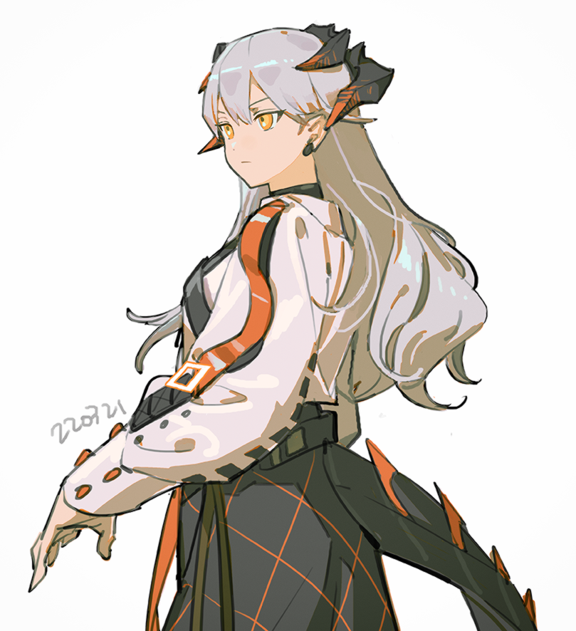 1girl arknights black_skirt closed_mouth commentary dated dragon_horns dragon_tail earclip from_side haun horns long_hair long_sleeves orange_eyes saria_(arknights) shirt silver_hair simple_background skirt solo tail upper_body white_background white_shirt