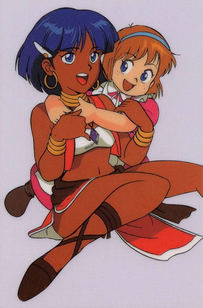 1990s_(style) arms_around_neck bandeau bangs blue_eyes blue_hair bob_cut bracelet brown_footwear brown_hair child cropped_vest cross-laced_sandals dark-skinned_female dark_skin dress earrings eyebrows_visible_through_hair freckles fushigi_no_umi_no_nadia gem grey_background hair_ornament hairband hairclip hoop_earrings jewelry marie_en_carlsberg midriff nadia_la_arwall neck_ring necklace non-web_source official_art open_mouth pelvic_curtain pendant red_vest retro_artstyle sandals scan short_hair short_sleeves simple_background sitting strapless tube_top vest white_bandeau