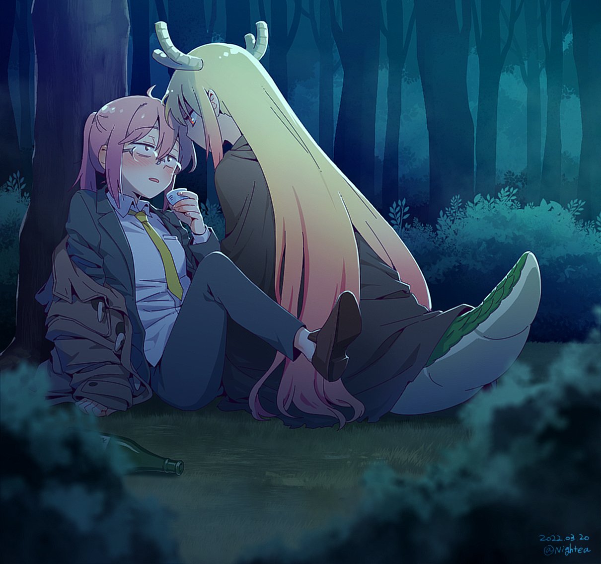 2girls blonde_hair blush bottomless brown_cloak brown_hair brown_jacket cloak collared_shirt commentary_request cup dated dragon_girl dragon_horns dragon_tail drunk eye_contact face-to-face forest formal holding holding_cup horns jacket kobayashi-san_chi_no_maidragon kobayashi_(maidragon) korean_commentary long_hair long_sleeves looking_at_another multiple_girls nature necktie nightea parted_lips ponytail red_eyes shirt sitting sleeves_past_wrists suit tail tohru_(maidragon) tree twitter_username yellow_necktie yuri