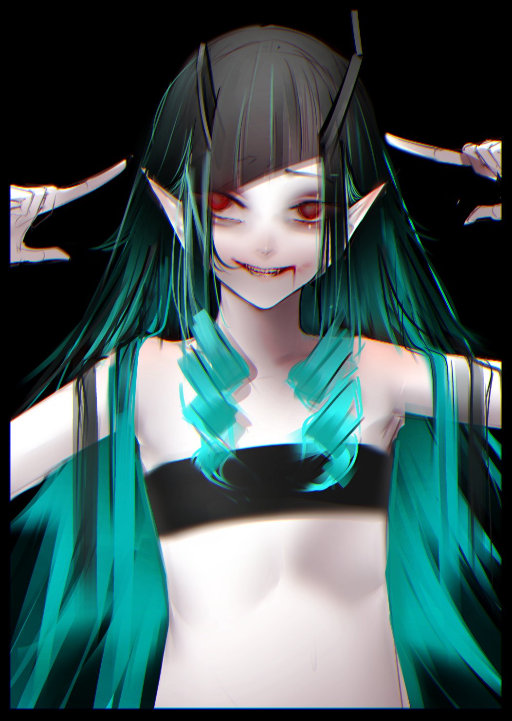 1girl bandeau bangs black_background black_border black_hair blood blood_from_mouth blue_hair border demon_girl demon_horns doryudory dutch_angle fang flat_chest highres horns long_hair looking_at_viewer multicolored_hair open_mouth pointing pointing_at_self pointy_ears red_eyes shishio_chris simple_background smile solo sugar_lyric two-tone_hair virtual_youtuber