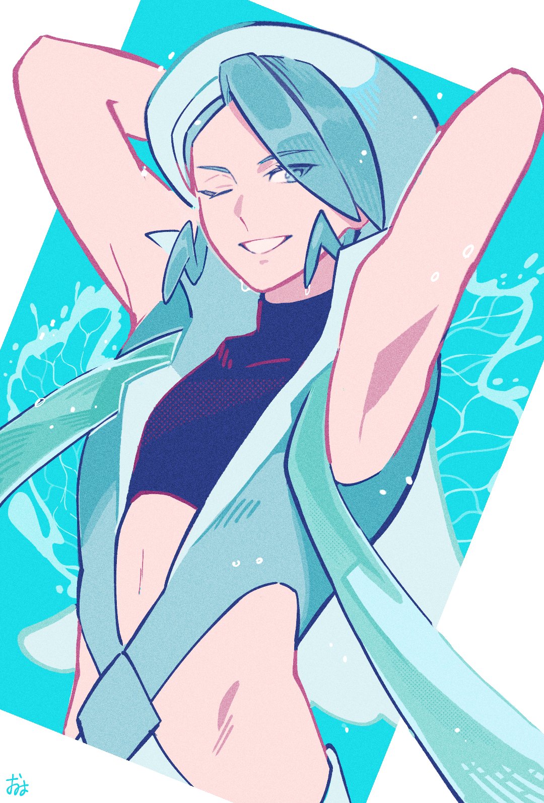 1boy aqua_vest armpits arms_behind_head bare_arms blue_shirt capelet commentary_request crop_top cropped_shirt green_eyes green_hair grin hat highres looking_at_viewer male_focus omyo_(myomyomyo22) one_eye_closed pokemon pokemon_(game) pokemon_oras shirt short_hair signature skin_tight sleeveless sleeveless_shirt smile solo upper_body wallace_(pokemon) white_capelet