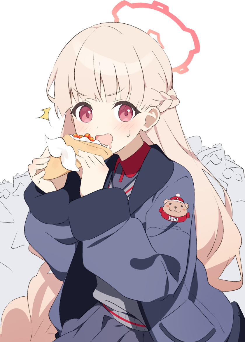 1girl ^^^ blonde_hair blue_archive braid coat crepe crown_braid drooling eating eyebrows_visible_through_hair food fur-trimmed_coat fur_trim grey_coat grey_skirt grey_sweater_vest halo hands_up holding holding_food jacket long_braid long_hair long_sleeves looking_at_viewer nodoka_(blue_archive) open_clothes open_jacket open_mouth pleated_skirt red_eyes simple_background skirt solo supershiruco sweatdrop sweater_vest upper_body white_background