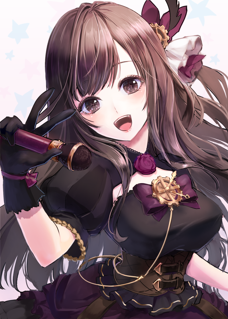 1girl bangs black_gloves black_skirt bow_hairband breasts brown_eyes brown_hair diagonal_bangs eyebrows_visible_through_hair flower flower_necklace gloves hair_ribbon hairband idolmaster idolmaster_shiny_colors jewelry large_breasts long_hair looking_at_viewer misty_cj necklace open_mouth patterned_clothing ribbon skirt swept_bangs tsukioka_kogane v white_background