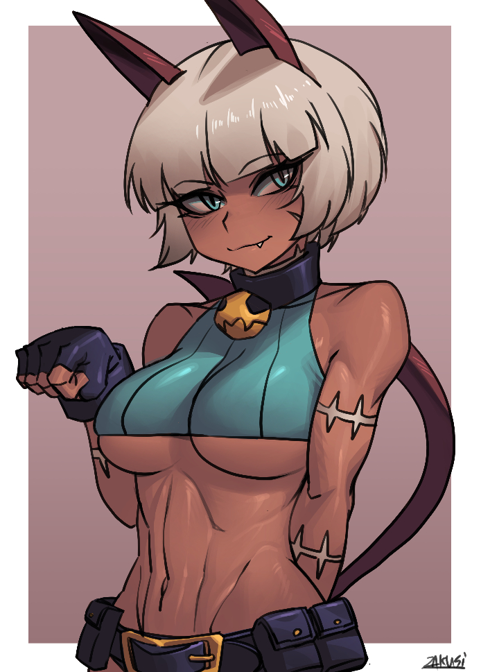 1girl animal_ears arm_behind_back bangs belt_pouch blue_eyes blue_gloves blunt_bangs bob_cut border breasts brown_background cat_ears closed_mouth collar cropped_shirt fang fingerless_gloves gloves grey_hair looking_at_viewer medium_breasts metal_collar ms._fortune_(skullgirls) navel paw_pose pouch short_hair simple_background skin_fang skullgirls slit_pupils smile solo toned under_boob white_border zakusi