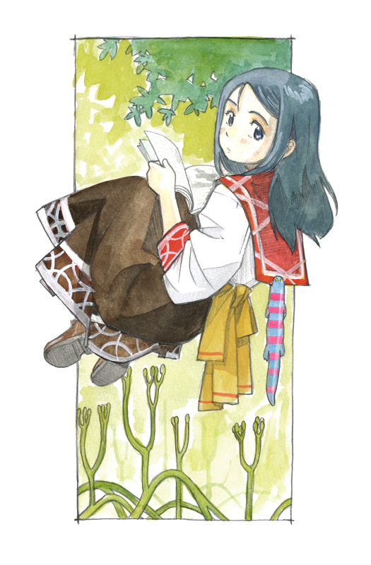 1girl akai_sashimi black_eyes black_hair book boots border brown_footwear brown_skirt closed_mouth floating from_behind from_side full_body green_background holding holding_book leaf light_blush long_hair long_skirt long_sleeves looking_at_viewer looking_back open_book original outdoors outside_border plant red_sailor_collar sailor_collar salamander sash shirt skirt solo traditional_media white_border white_shirt yellow_sash