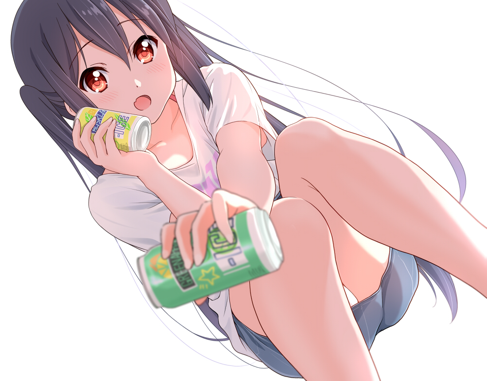 1girl bangs black_hair blue_skirt blush brown_eyes can collarbone commentary_request dresstrip drink dutch_angle eyebrows_visible_through_hair hair_between_eyes holding holding_can holding_drink k-on! long_hair looking_at_viewer miniskirt nakano_azusa open_mouth shirt simple_background skirt soda_can solo thighs twintails white_background white_shirt