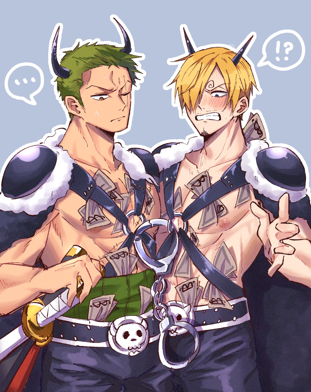 2boys armor black_cape black_pants blush cape chest_harness facial_hair goatee green_hair hair_over_one_eye harness highres horns male_focus money money_tuck multiple_boys o-ring o-ring_top official_alternate_costume one_piece pants pauldrons pectorals roronoa_zoro sanji short_hair shoulder_armor sidepec skull sorase_(srsrs_000) toned toned_male