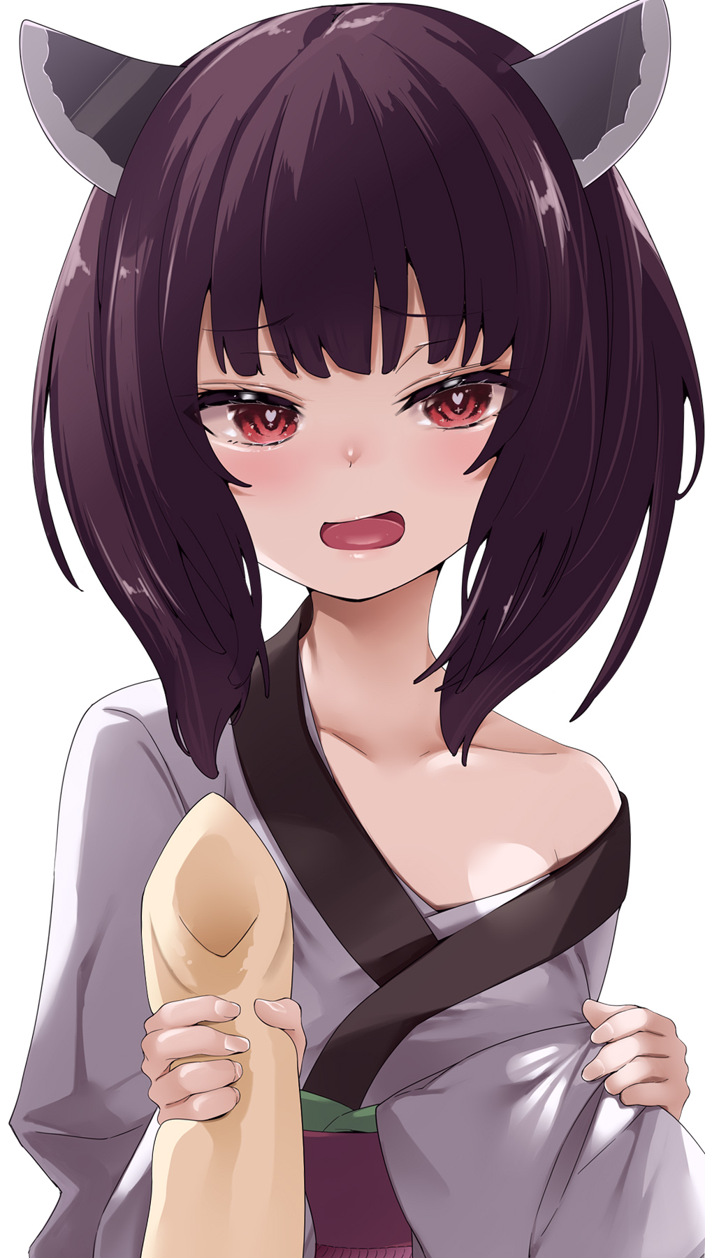 1girl amasora_taichi bangs black_hair chikuwa collarbone commentary_request eyebrows_visible_through_hair flat_chest food headgear heart heart-shaped_pupils highres holding holding_food japanese_clothes kimono looking_at_viewer obi off_shoulder open_mouth purple_sash red_eyes sash simple_background smile solo symbol-shaped_pupils touhoku_kiritan upper_body voiceroid white_background wide_sleeves