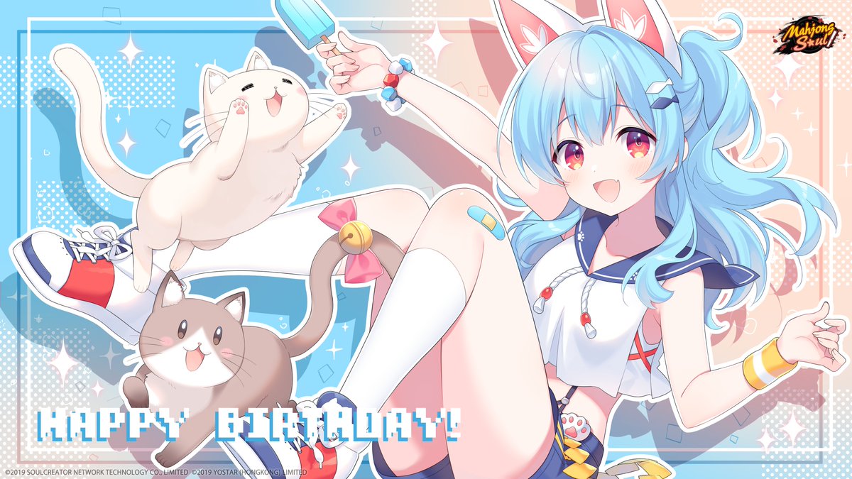 1girl :3 animal animal_ears bandaid bandaid_on_knee bandaid_on_leg bell bow bracelet cat cat_ears copyright copyright_name eyebrows_visible_through_hair fang food hair_ornament hairpin happy_birthday holding holding_food igarashi_haruna jewelry kusumoto_shizuru light_blue_hair logo looking_at_viewer mahjong_soul official_art pink_bow popsicle red_eyes shoes skin_fang smile sneakers sparkle sweatband yostar