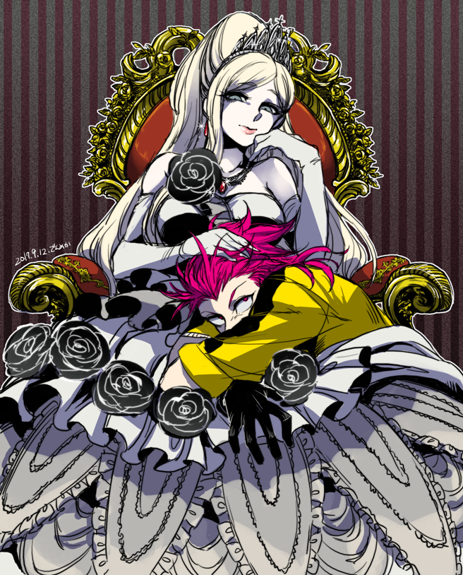 1boy 1girl bangs bare_shoulders black_flower black_gloves black_jacket blonde_hair breasts closed_mouth collarbone crown danganronpa_(series) danganronpa_2:_goodbye_despair dated den1208 dress elbow_gloves eyebrows_visible_through_hair flower gloves jacket large_breasts long_hair pink_hair ponytail sonia_nevermind souda_kazuichi striped striped_background white_dress white_gloves yellow_jacket