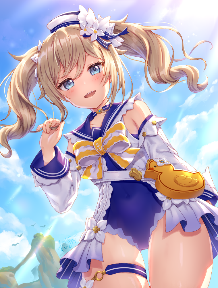 1girl :d bangs barbara_(genshin_impact) barbara_(summertime_sparkle)_(genshin_impact) bird blonde_hair blue_choker blue_eyes blue_sky blue_swimsuit blush bow choker clouds cloudy_sky collarbone detached_sleeves drill_hair duck eyebrows_visible_through_hair flower genshin_impact hair_between_eyes hair_flower hair_ornament hat long_hair looking_at_viewer matsunashi_noe official_alternate_costume one-piece_swimsuit open_mouth outdoors sailor_hat sky smile solo sunlight swimsuit twin_drills twintails white_flower white_headwear white_sleeves