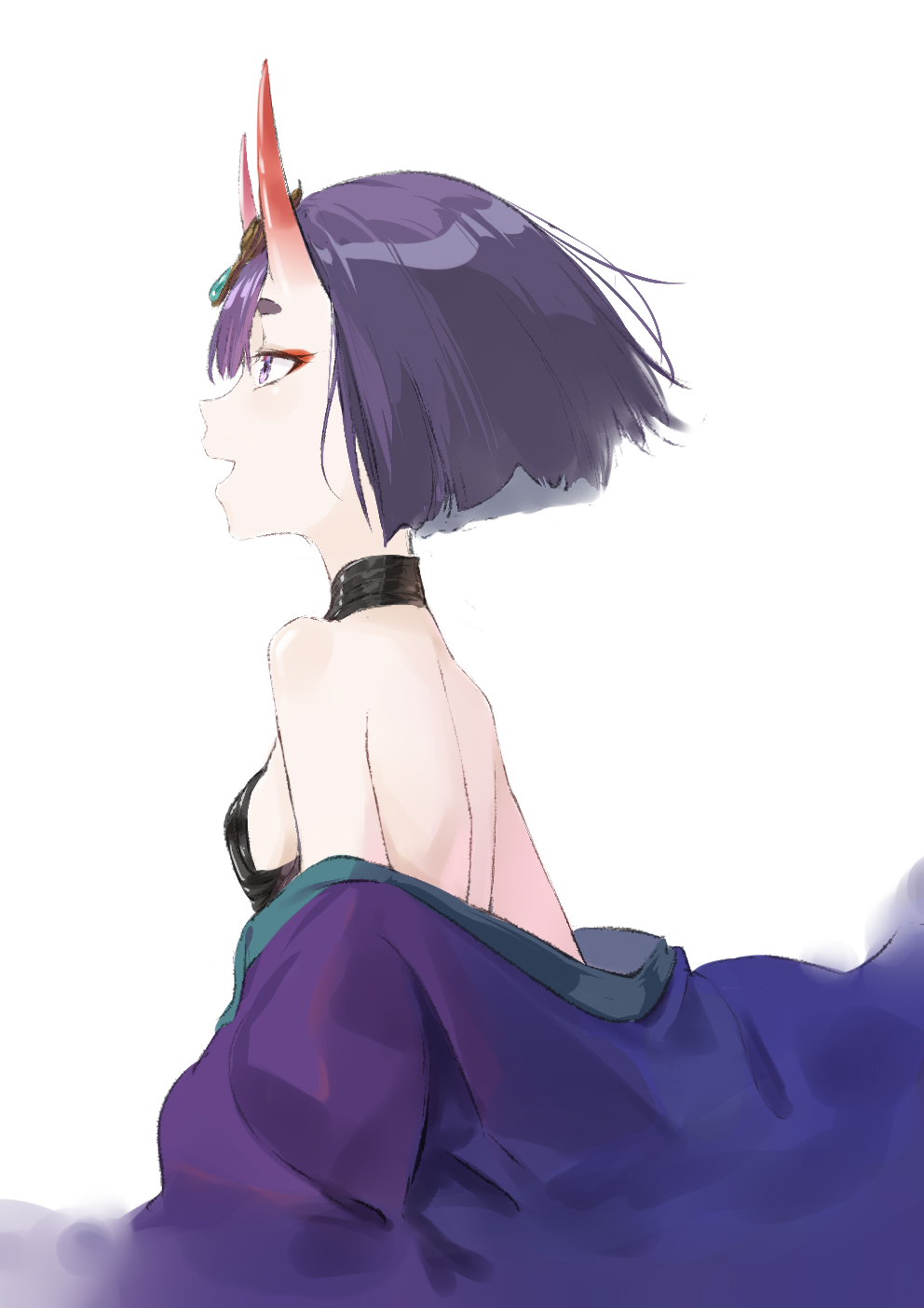 1girl bangs bare_shoulders bob_cut breasts coffeekite eyeliner fate/grand_order fate_(series) headpiece highres horns japanese_clothes kimono long_sleeves makeup off_shoulder oni oni_horns open_mouth profile purple_hair purple_kimono revealing_clothes short_hair shuten_douji_(fate) skin-covered_horns small_breasts smile violet_eyes wide_sleeves