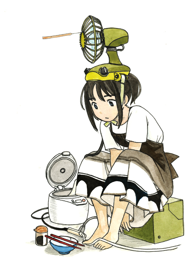 1girl akai_sashimi apron arms_between_legs bangs barefoot black_apron black_eyes black_hair bowl cable chopsticks closed_mouth dress electric_fan expressionless full_body looking_away object_on_head on_box original ponytail rice_cooker short_hair short_sleeves sidelocks simple_background sitting solo soy_sauce white_background white_dress