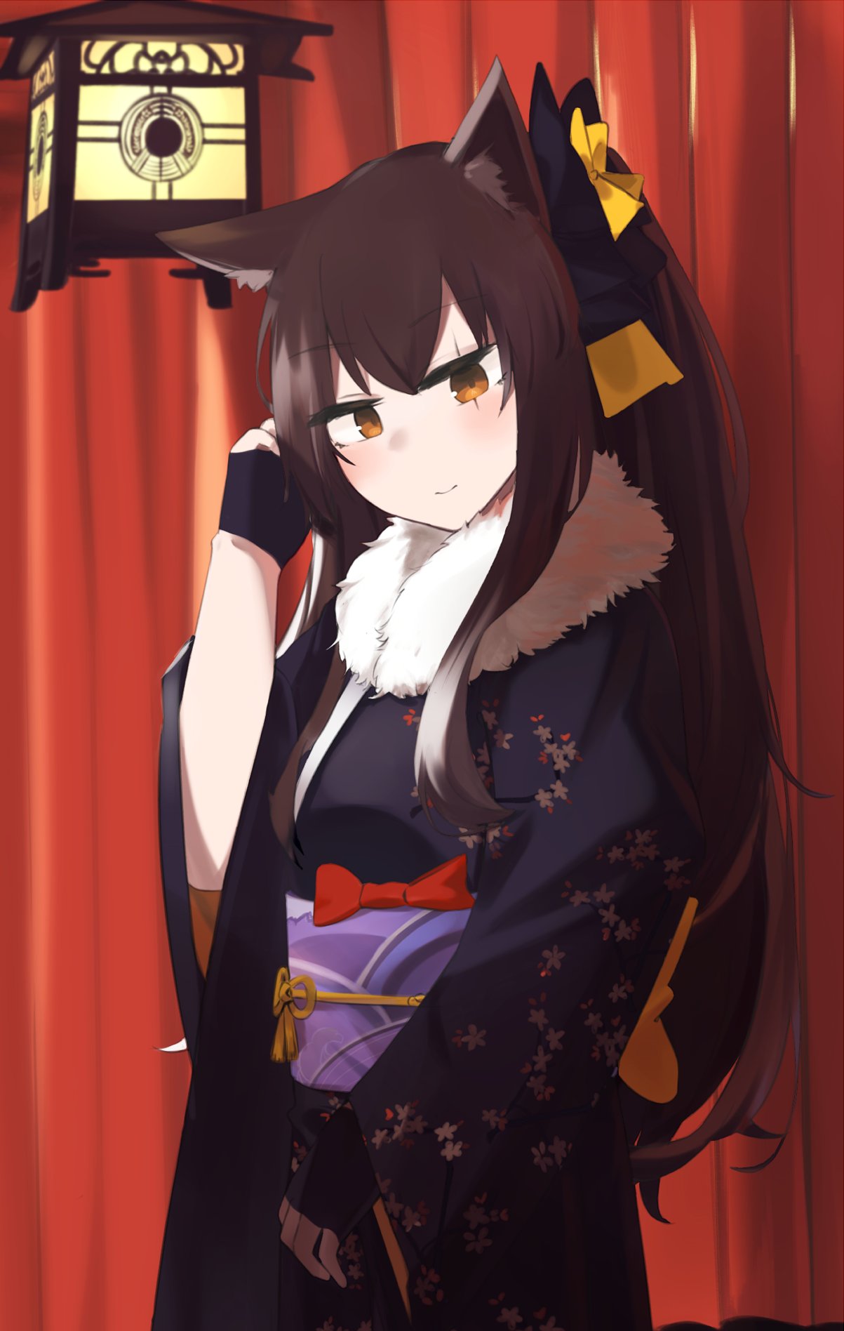 1girl animal_ears bangs black_gloves blush brown_eyes brown_hair closed_mouth eyebrows_visible_through_hair fingerless_gloves fur-trimmed_kimono fur_trim girls_frontline gloves hair_ribbon hand_in_hair highres hinami047 japanese_clothes kimono lamp long_hair looking_at_viewer official_alternate_costume ribbon scar scar_across_eye simple_background smile solo standing ump45_(girls'_frontline) ump45_(lonely_traveler_of_eternity)_(girls'_frontline)