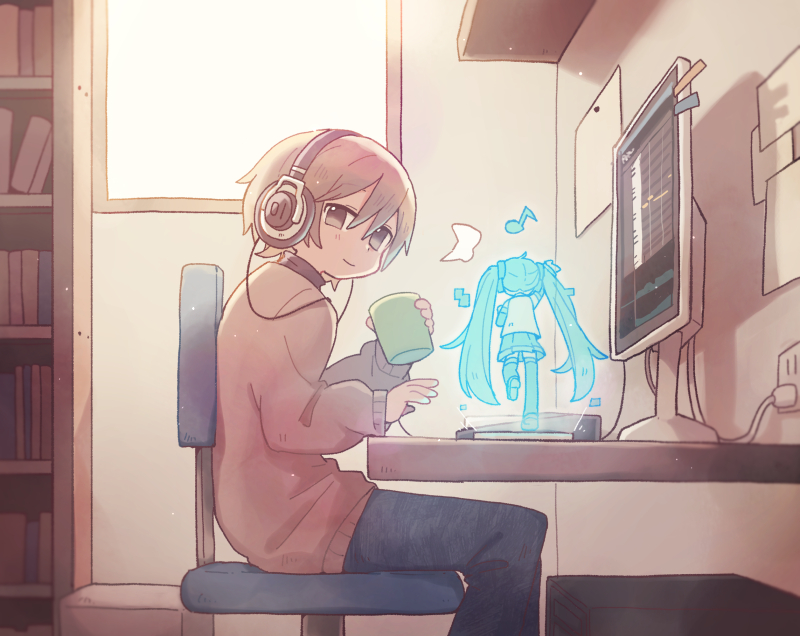 1boy 1girl arm_up backlighting blue_pants bookshelf brown_shirt chair cup detached_sleeves eighth_note from_behind hatsune_miku headphones holding holding_cup hologram indoors leg_up light_brown_eyes light_brown_hair long_hair looking_at_another master_(vocaloid) miniskirt monitor musical_note outlet outstretched_arm pants paper pleated_skirt plug room shirt sitting skirt sleeveless sleeveless_shirt standing standing_on_one_leg t705gp thigh-highs twintails very_long_hair vocaloid