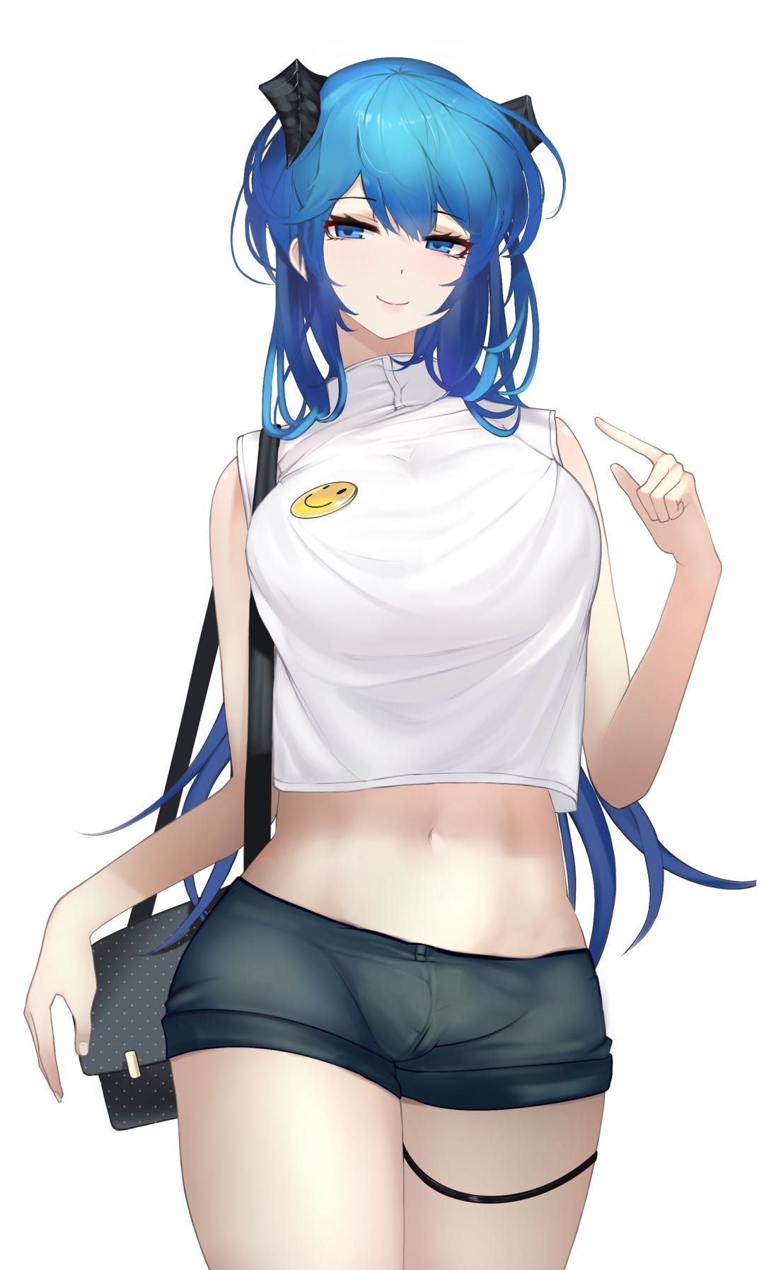 1girl alternate_costume arknights bag bangs bare_arms bare_shoulders black_shorts blue_eyes blue_hair breasts commentary cowboy_shot crop_top halo hand_up handbag highres horns large_breasts long_hair looking_at_viewer lumc midriff mostima_(arknights) navel shirt short_shorts shorts simple_background sleeveless sleeveless_shirt smile solo standing stomach thigh_strap thighs very_long_hair white_background white_shirt