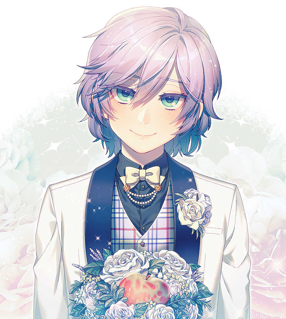 1boy androgynous blue_eyes bow bowtie epel_felmier eyebrows_visible_through_hair flower gloves hair_between_eyes holding jacket kiri_futoshi long_sleeves looking_at_viewer male_focus night_raven_college_uniform pale_skin purple_hair short_hair smile solo twisted_wonderland
