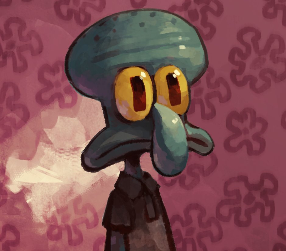 aqua_skin bald big_nose brown_shirt collared_shirt colored_sclera floral_background ixurcafe rectangular_pupils red_eyes shirt short_sleeves spongebob_squarepants squidward_tentacles yellow_sclera