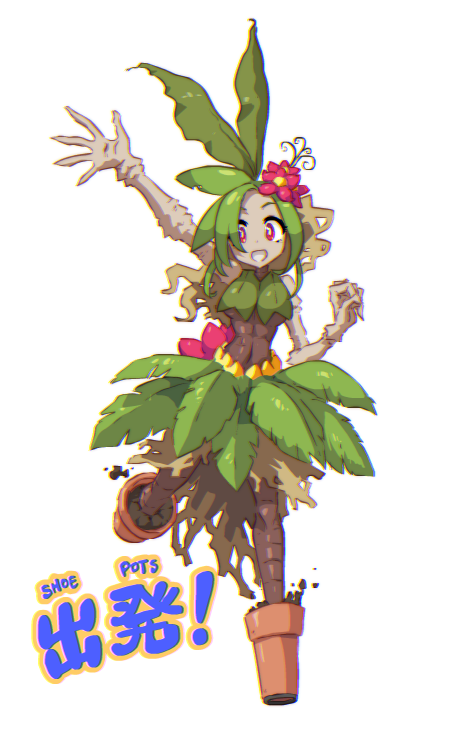 1girl commentary dryad english_commentary flower flower_pot grin hair_flower hair_ornament john_su kanji leg_up monster_girl original outstretched_arm palm_leaf pink_eyes pink_flower plant plant_girl plant_hair potted_plant pun smile solo standing standing_on_one_leg translated waving white_background