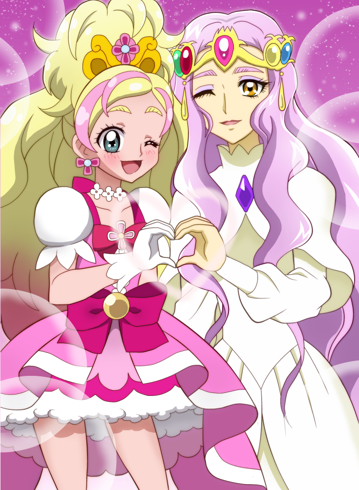 2girls blonde_hair bow cure_flora dress flora_(precure) gloves go!_princess_precure heart heart_hands heart_hands_duo multicolored_hair multiple_girls non-web_source onomekaman pink_background pink_dress pink_hair precure purple_hair streaked_hair waist_bow white_gloves yellow_eyes yes!_precure_5 yes!_precure_5_gogo!