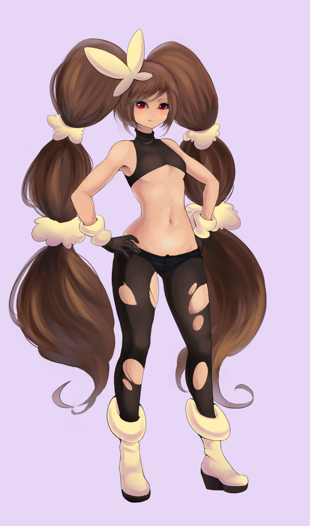 1girl bangs bare_shoulders black_gloves black_legwear black_shirt black_shorts blush boots breasts brown_hair closed_mouth commentary crop_top english_commentary full_body gloves hair_ornament hands_on_hips highvoltage humanization light_blush long_hair looking_at_viewer lopunny mega_lopunny mega_pokemon micro_shorts multi-tied_hair navel pantyhose pokemon purple_background red_eyes shirt shorts sidelocks simple_background sleeveless sleeveless_shirt small_breasts solo standing stomach torn_clothes torn_legwear twintails under_boob very_long_hair yellow_footwear