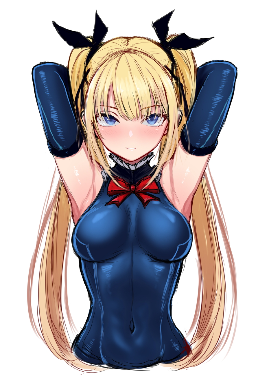 1girl armpits arms_up artist_request black_ribbon blonde_hair blue_eyes blue_legwear blush breasts dead_or_alive dead_or_alive_5 elbow_gloves gloves hair_ribbon highres leotard long_hair looking_at_viewer marie_rose ribbon solo twintails