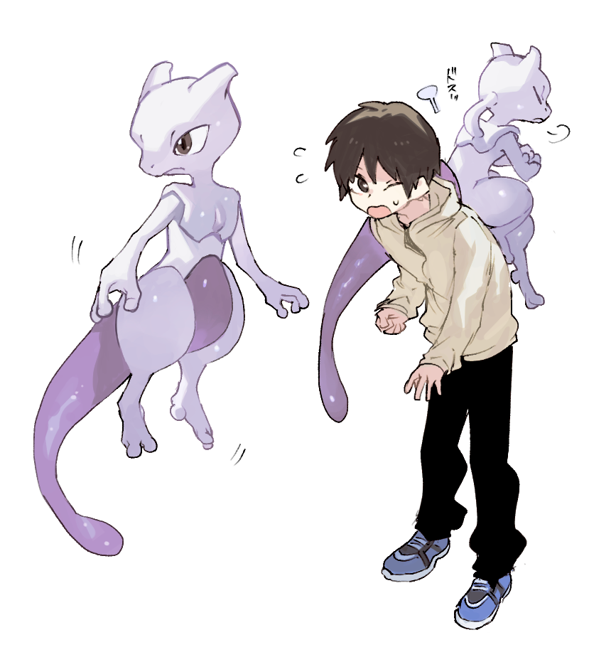 1boy bangs black_pants blue_footwear bright_pupils brown_hair clenched_hand commentary_request flying_sweatdrops grey_jacket jacket leaning_forward long_sleeves looking_back male_focus mewtwo newo_(shinra-p) one_eye_closed open_mouth pants pokemon pokemon_(creature) pokemon_on_back shoes short_hair simple_background sneakers standing sweatdrop white_background white_pupils