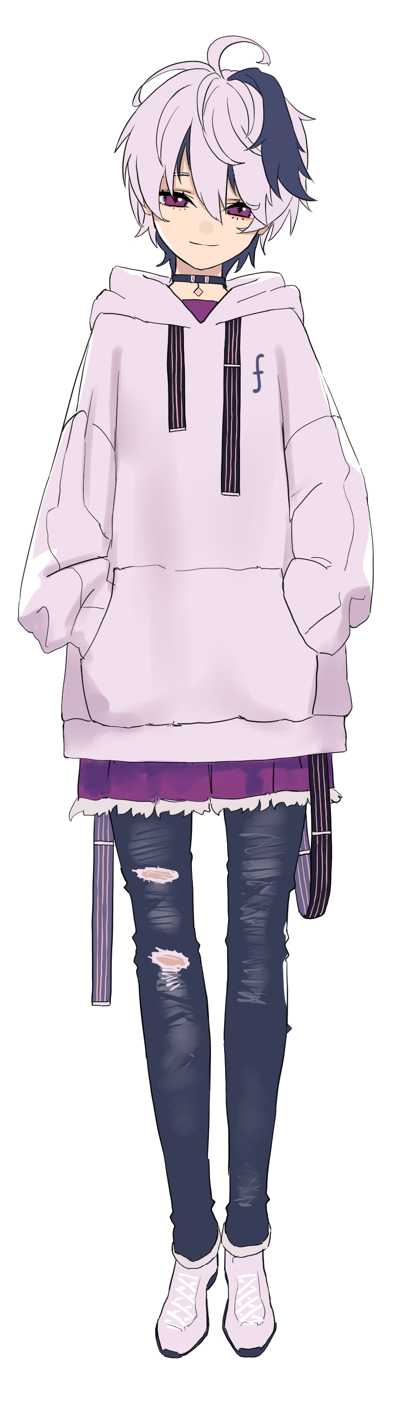 1girl absurdres belt commentary denim drawstring flower_(vocaloid) full_body fur-trimmed_skirt fur_trim half-closed_eyes hands_in_pockets highres hood hoodie jeans looking_at_viewer miniskirt multicolored_hair pants pendant_choker pink_hoodie purple_hair purple_skirt rsk_(tbhono) shoes short_hair simple_background skirt smile sneakers solo standing streaked_hair torn_clothes torn_jeans torn_pants v_flower_(vocaloid4) violet_eyes vocaloid white_background white_hair
