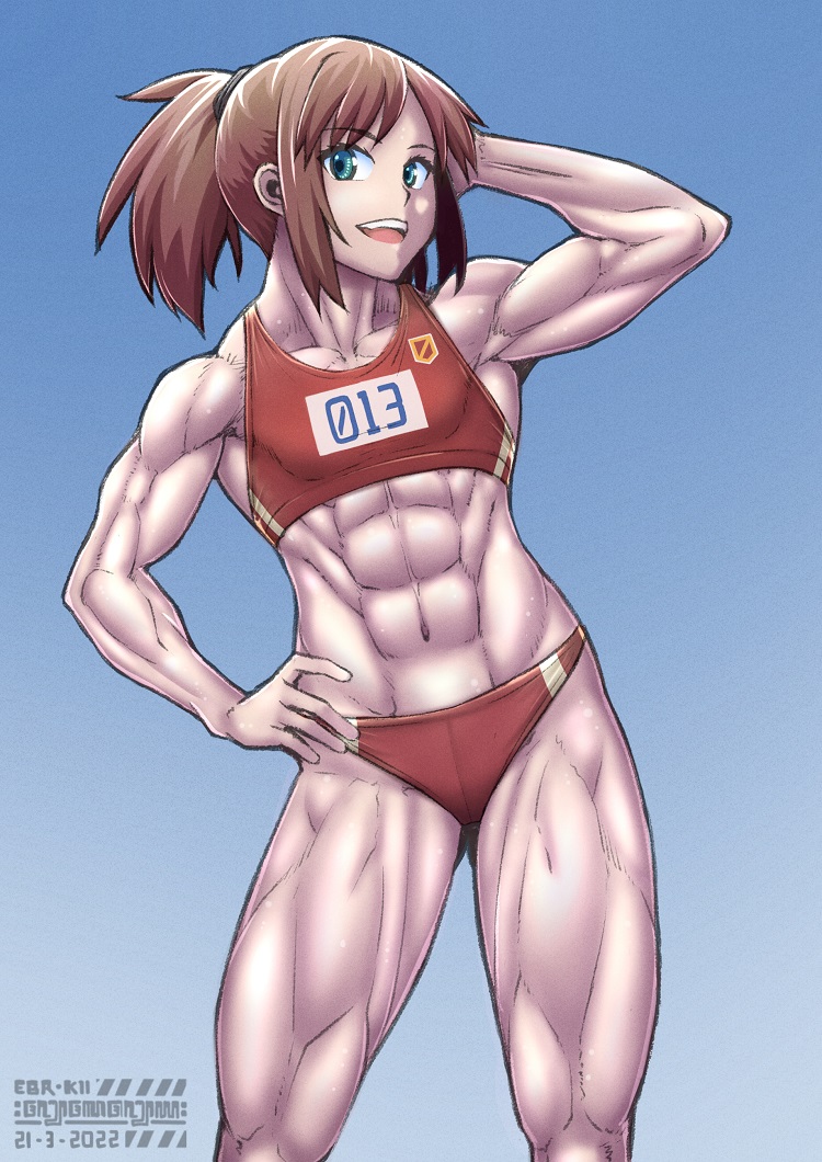 1girl abs arms_up brown_hair ebr-kii green_eyes hand_on_hip looking_at_viewer muscular muscular_female ponytail sportswear thighs torso_grab