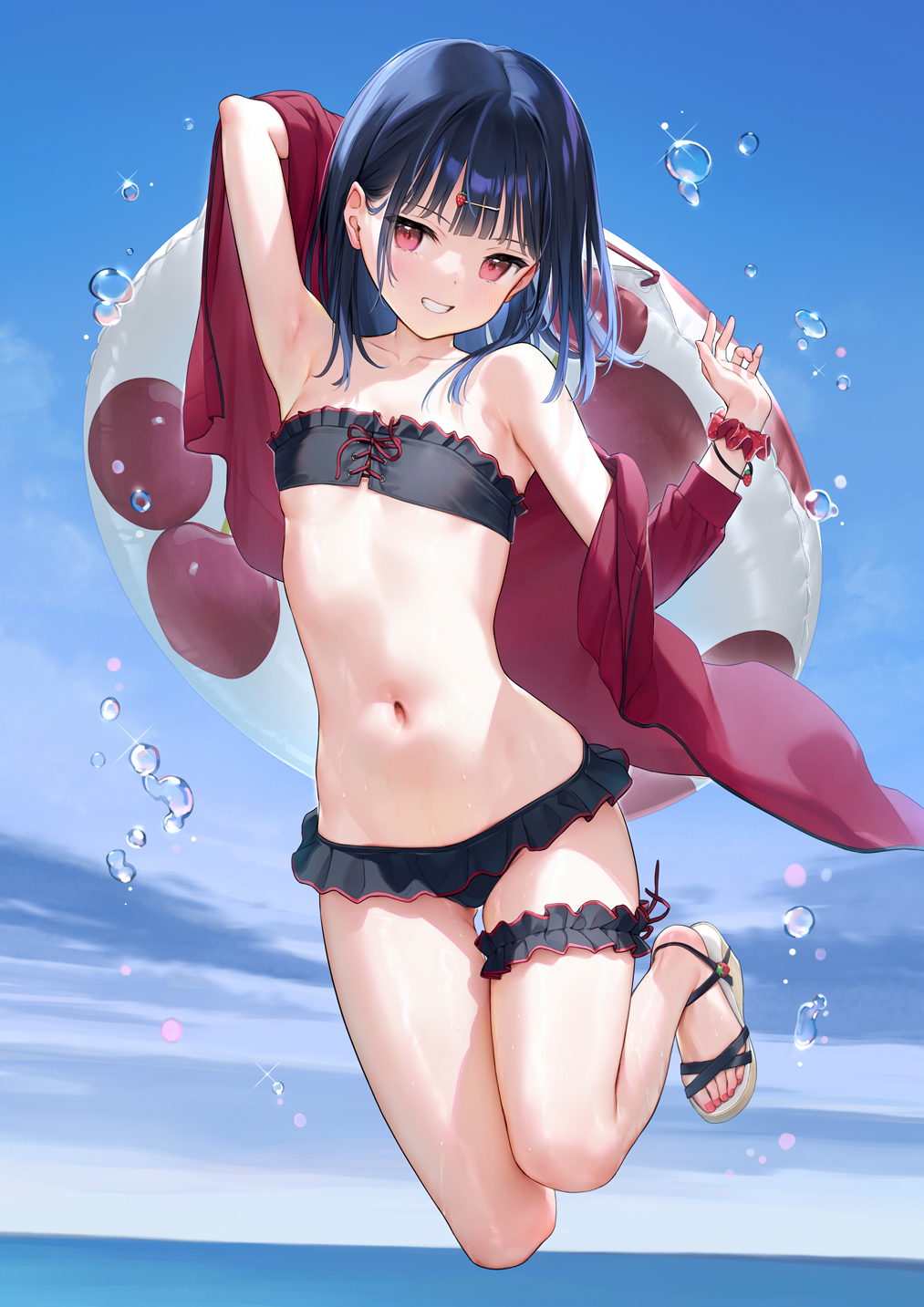 1girl :d arm_up armpits ass_visible_through_thighs bangs bare_shoulders bikini black_bikini blue_hair blunt_bangs collarbone eyebrows_visible_through_hair frilled_bikini frills full_body hair_ornament hairclip highres innertube jacket jumping leg_garter long_hair long_sleeves looking_at_viewer mignon nail_polish navel open_clothes open_jacket original parted_lips pink_nails red_eyes red_jacket sandals scrunchie smile solo sparkle stomach strapless strapless_bikini swimsuit thigh_gap toenail_polish toenails water_drop wrist_scrunchie