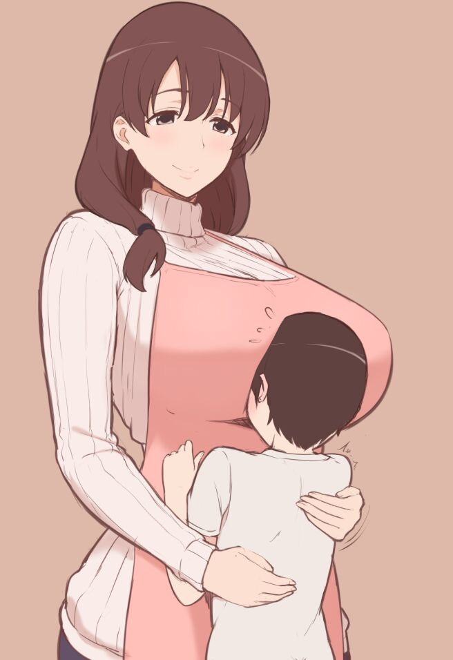 1boy 1girl age_difference bangs beige_background breast_press breasts brown_hair commentary_request hug huge_breasts long_hair mature_female mucchimut_(mzge8582) onee-shota original ribbed_sweater simple_background sweater tareme turtleneck turtleneck_sweater