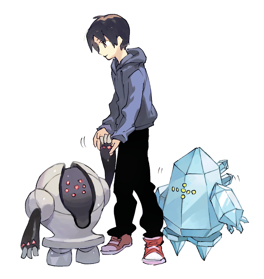 1boy bangs black_eyes black_hair black_pants bright_pupils closed_mouth commentary_request grey_jacket holding_hands hood hood_down hooded_jacket jacket looking_down male_focus newo_(shinra-p) pants pokemon pokemon_(creature) red_eyes red_footwear regice registeel shoes short_hair simple_background smile sneakers white_background white_pupils yellow_eyes