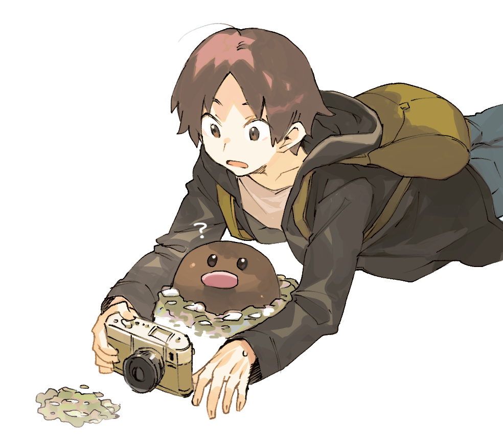 1boy ? backpack bag bangs brown_bag brown_eyes brown_hair brown_jacket camera commentary_request diglett holding holding_camera hood hood_down hooded_jacket jacket long_sleeves looking_down lying male_focus newo_(shinra-p) on_stomach open_mouth pants parted_bangs pokemon pokemon_(creature) shirt short_hair soil sweatdrop white_background