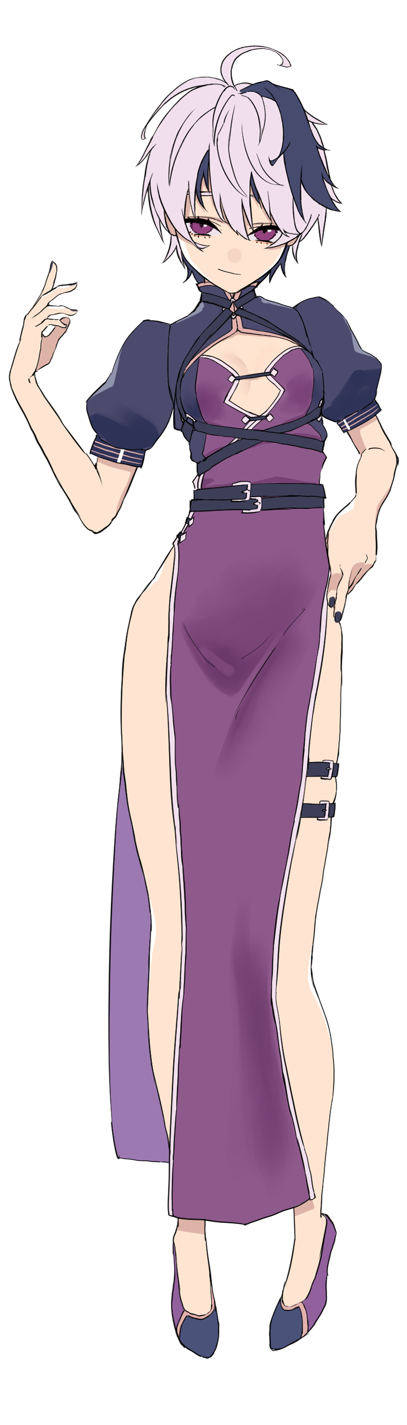 1girl absurdres bare_legs belt black_nails chest_belt clothing_request commentary contrapposto flower_(vocaloid) full_body hand_on_hip hand_up highres multicolored_hair purple_hair purple_shirt rsk_(tbhono) shirt short_hair short_sleeves simple_background slippers smirk solo standing streaked_hair thigh_strap v_flower_(vocaloid4) violet_eyes vocaloid white_background white_hair