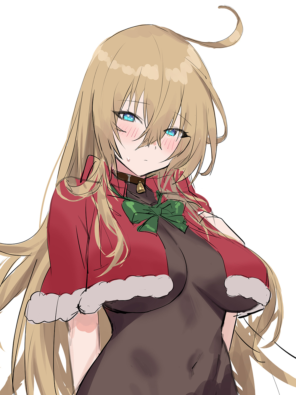 1girl ahoge bangs bell blue_eyes blush bodystocking bow bowtie breast_curtains breasts capelet christmas copyright_request covered_navel crossed_bangs embarrassed green_bow green_bowtie guchico head_tilt highres large_breasts long_hair looking_at_viewer neck_bell red_capelet simple_background sketch solo very_long_hair white_background