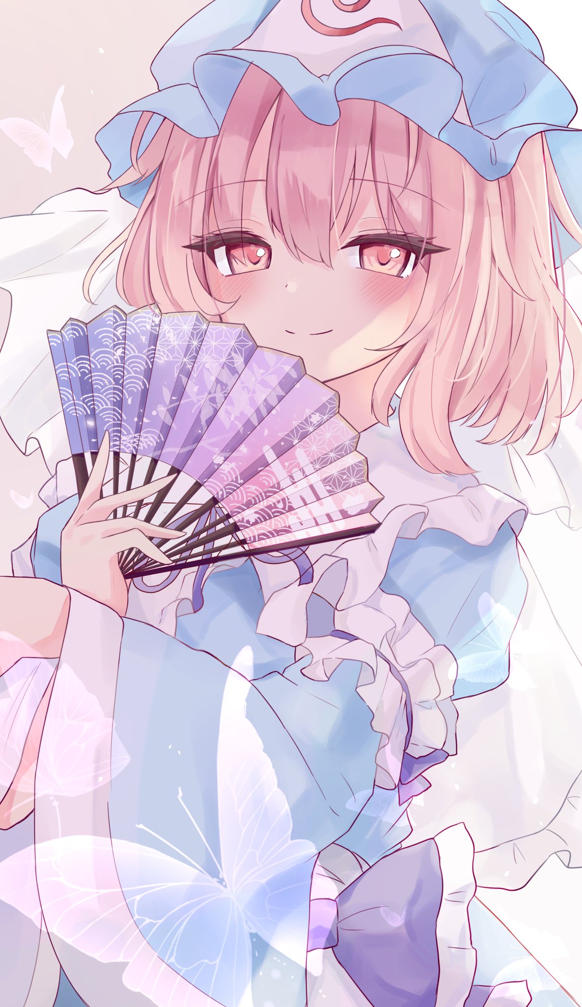 1girl arm_garter arm_up bangs blue_headwear blue_kimono blue_ribbon blush breasts bug butterfly closed_mouth commentary_request eyebrows_visible_through_hair eyelashes folding_fan frilled_kimono frills hair_between_eyes hand_fan hat highres holding holding_fan japanese_clothes kimono korira long_sleeves looking_at_viewer medium_breasts mob_cap neck_ribbon obi petals pink_background pink_eyes pink_hair ribbon saigyouji_yuyuko sash short_hair simple_background smile solo standing touhou triangular_headpiece upper_body veil wide_sleeves