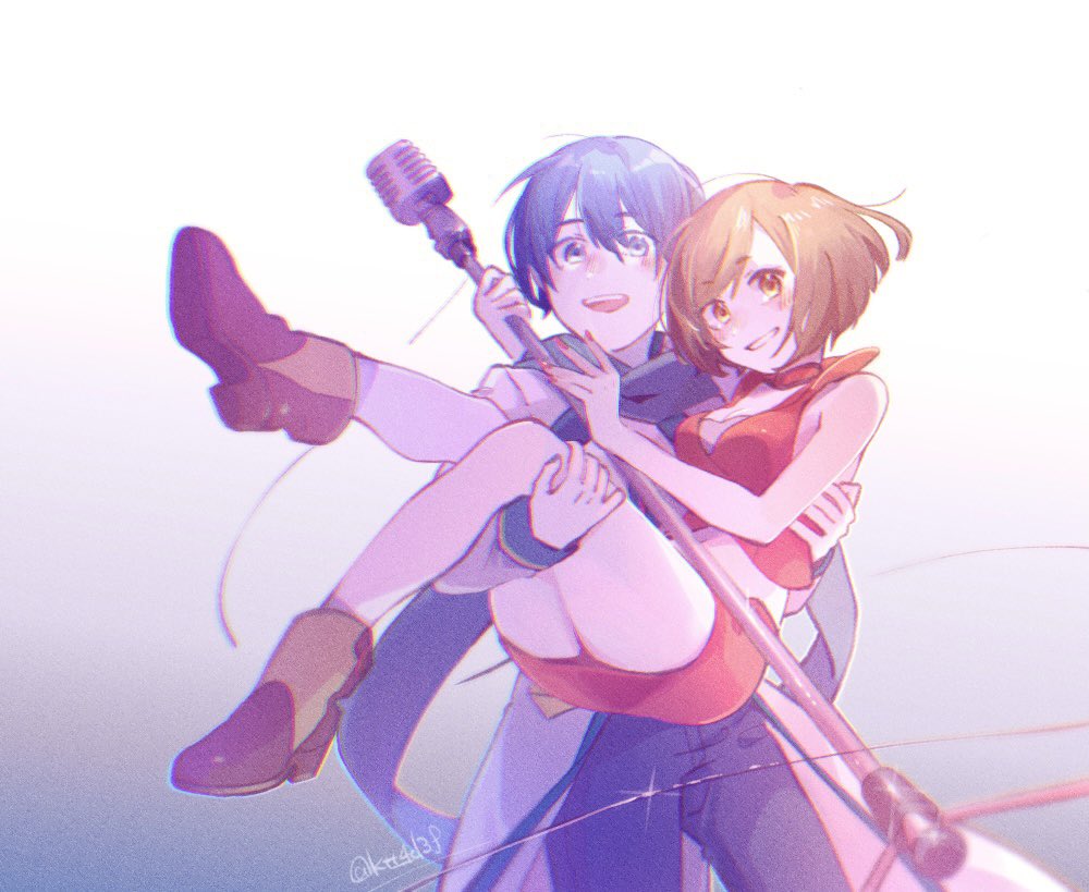 1boy 1girl bare_arms blue_eyes blue_hair blue_nails blue_scarf boots brown_eyes brown_footwear brown_hair carrying choker coat commentary cowboy_shot cropped_jacket grin holding holding_microphone_stand jacket kaito_(vocaloid) looking_at_viewer meiko meiko_(vocaloid3) mi_no_take microphone microphone_stand midriff miniskirt nail_polish open_mouth princess_carry red_jacket red_nails red_skirt scarf short_hair skirt sleeveless sleeveless_jacket smile standing twitter_username vocaloid white_coat