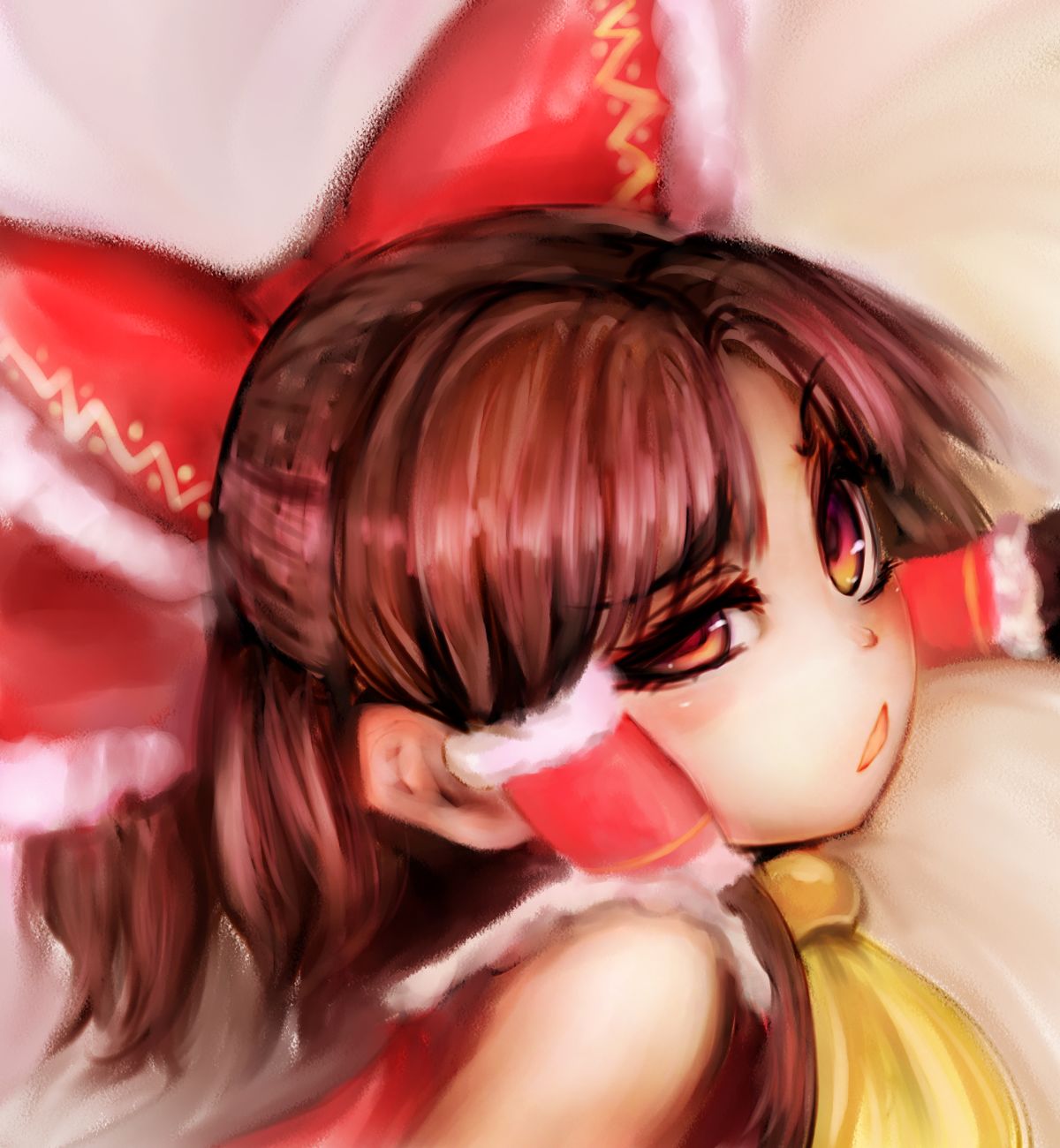 1girl ascot bangs benikurage_(cookie) blush bow brown_eyes brown_hair commentary_request cookie_(touhou) eyebrows_visible_through_hair frilled_bow frills hair_bow hakurei_reimu half_updo highres khn_(kihana) long_hair looking_at_viewer looking_to_the_side open_mouth parted_bangs raised_eyebrow red_bow solo touhou uneven_eyes upper_body yellow_ascot