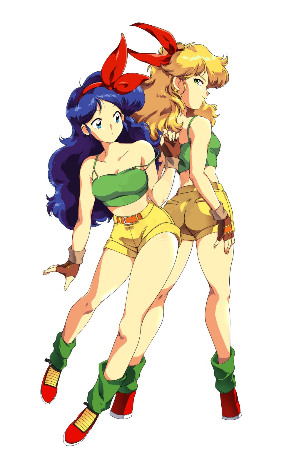 1990s_(style) 2girls ass back-to-back blonde_hair blue_eyes blue_hair breasts brown_gloves camisole curly_hair dragon_ball dragon_ball_(classic) dual_persona english_commentary fingerless_gloves fingernails full_body gloves green_eyes green_legwear hairband harleequeen highres kneepits long_hair loose_socks lunch_(dragon_ball) medium_breasts midriff multiple_girls red_footwear red_hairband retro_artstyle shoes shorts sneakers spaghetti_strap strap_slip white_background yellow_shorts