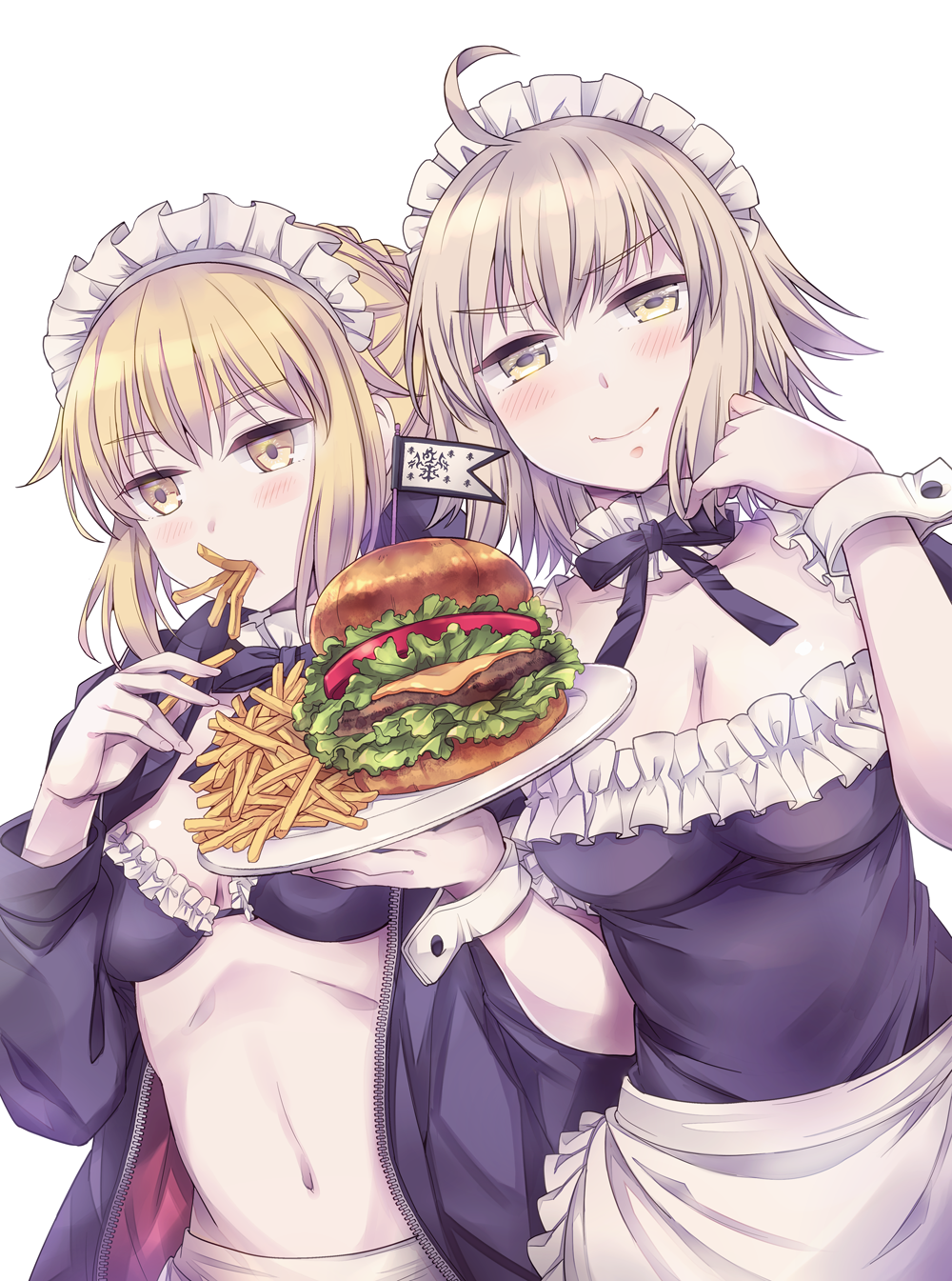 2girls ahoge apron armor artoria_pendragon_(alter_swimsuit_rider)_(fate) artoria_pendragon_(fate) bikini blonde_hair blush breasts eating fate/grand_order fate/stay_night fate_(series) food highres holding holding_food holding_plate jacket jeanne_d'arc_(fate) jeanne_d'arc_alter_(fate) looking_at_viewer maid maid_apron maid_bikini maid_headdress multiple_girls open_clothes open_mouth plate plate_armor saber_alter short_hair silver_hair smile swimsuit takitarou yellow_eyes