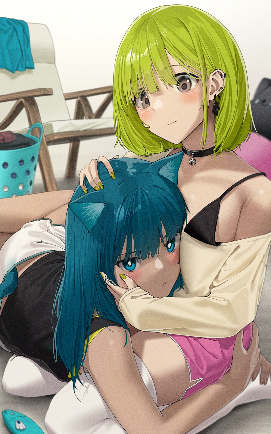 2girls animal_ear_fluff animal_ears bangs bare_legs bell black_choker black_shirt blue_eyes blue_hair blush brown_eyes cat_earrings cat_ears choker closed_mouth ear_piercing earrings eyebrows_visible_through_hair frown green_hair green_nails hand_on_another's_cheek hand_on_another's_face hand_on_another's_head highres hug indoors jewelry jingle_bell lap_pillow long_hair long_sleeves looking_at_another looking_at_viewer lying medium_hair multiple_girls nail_polish neck_bell noeru off_shoulder on_side original piercing pink_shorts shirt shorts sitting sleeves_past_wrists smile thigh-highs white_legwear white_shirt white_shorts