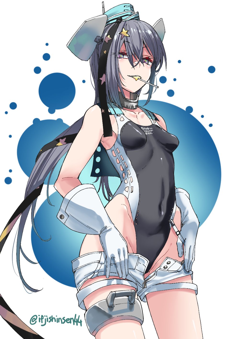 1girl black_ribbon black_swimsuit brown_eyes candy collarbone competition_swimsuit eyebrows_visible_through_hair food garrison_cap gloves grey_hair hair_between_eyes hair_ornament hair_ribbon hat headgear highleg highleg_swimsuit highres ifuji_shinsen kantai_collection long_hair mouth_hold one-piece_swimsuit ribbon scamp_(kancolle) short_shorts shorts side_ponytail simple_background solo star_(symbol) star_hair_ornament swimsuit white_background white_gloves white_shorts